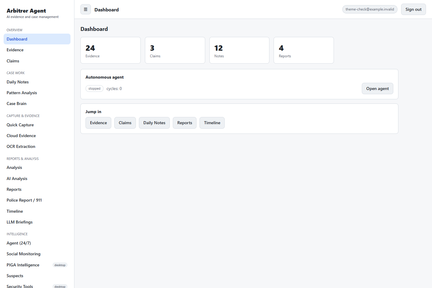 Actual Arbitrer Agent dashboard showing navigation for evidence, claims, notes, timelines, analysis, and reports